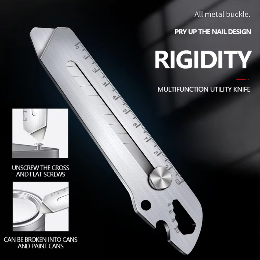 Multifunktionales 6-in-1 Allzweckmesser aus Edelstahl in Silber mit Flaschenöffner und Schraubenlineal - Bild 5