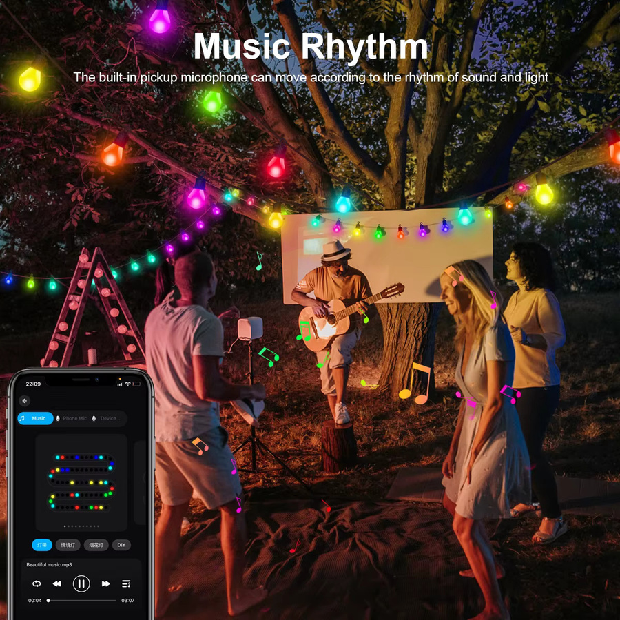 SerRickDon Wasserdichte Bluetooth LED-Lichterkette mit 25 Glühbirnen, USB-Betrieb, Mehrfarbig, 15 m für Garten, Camping und Weihnachtsdekoration - Bild 3