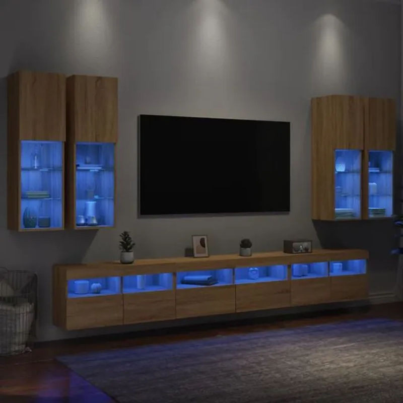 Vidaxl 7-teilige moderne TV-Wohnwand mit LED-Leuchten in Braun aus Holzwerkstoff und Glas - Bild 1