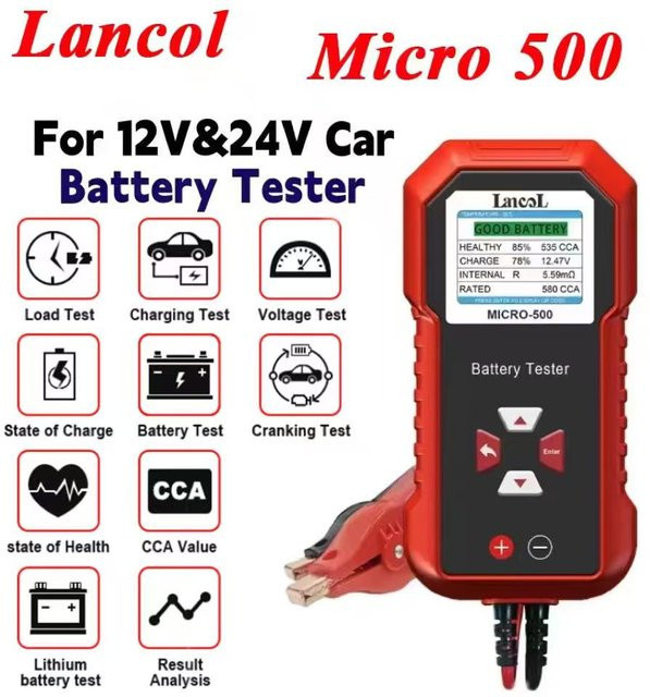 Lancol Micro 500 Autobatterietester für 12V und 24V, Batterieanalysator für Lithium- und Blei-Säure-Batterien mit 40-3000 CCA, Farbe: Rot - Bild 1
