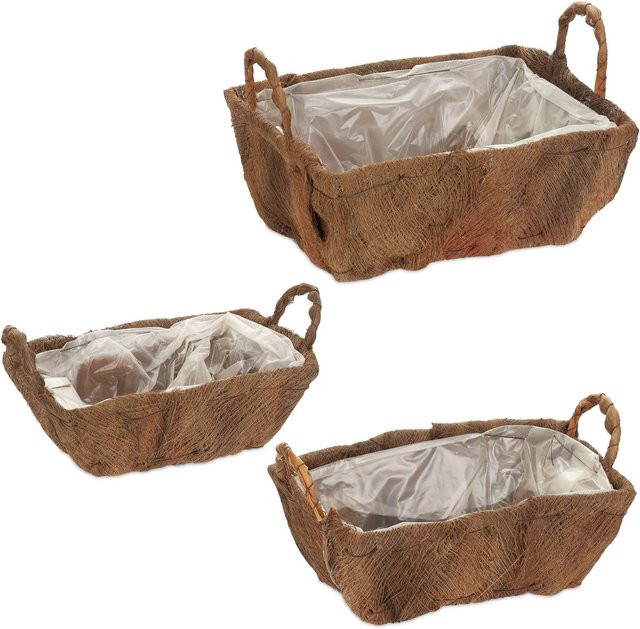 Relaxdays Blumenkasten 3er Set aus Tannenholz und Kokosfaser in Braun mit Griffen, B/T/H: 30,5 x 19 x 24 cm - Bild 1