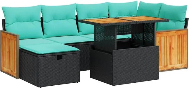 vidaXL 7-teilige Garten-Sofagarnitur in L-Form aus Polyrattan und Akazie mit Kissen in Braun - Bild 1