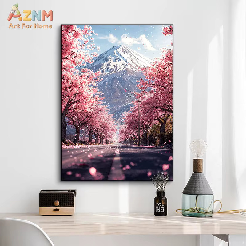 AZNM Mount Fuji Kirschblüten Japanische Landschaft Rahmenlose Leinwand-Wandkunst in Rosa und Mehrfarbig - Bild 3