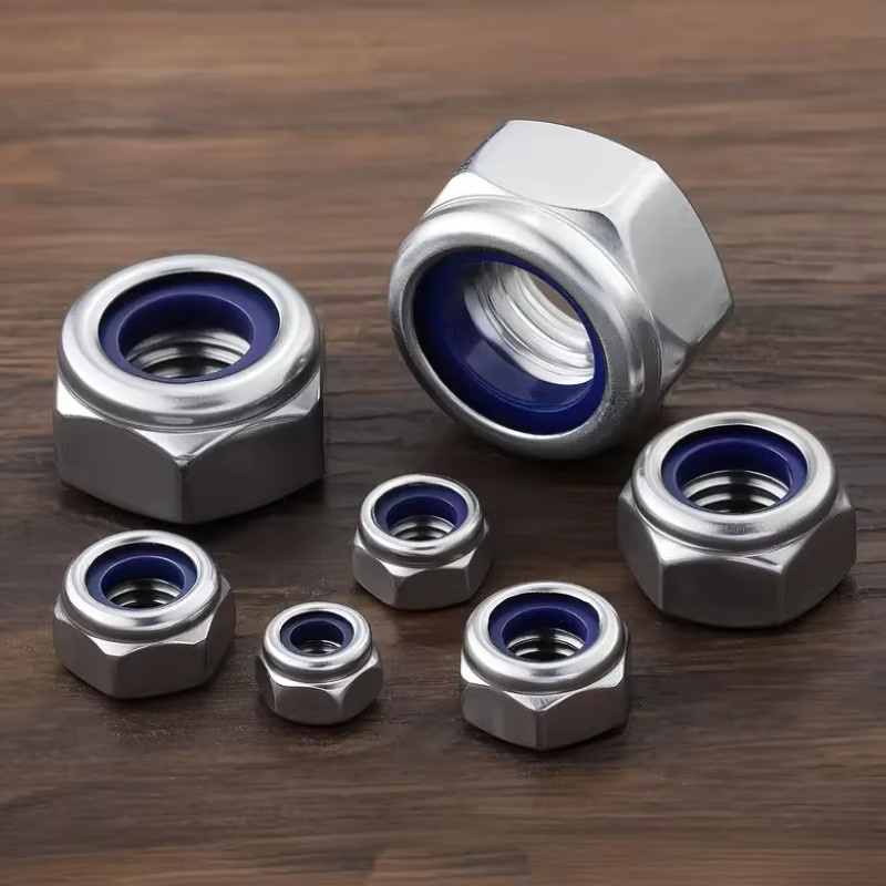 AGASHE 100 Stück Sechskant-Sicherungsmuttern aus Edelstahl mit blauen Nylon-Unterlegscheiben, korrosionsbeständig und rutschfest, Silber - Bild 2