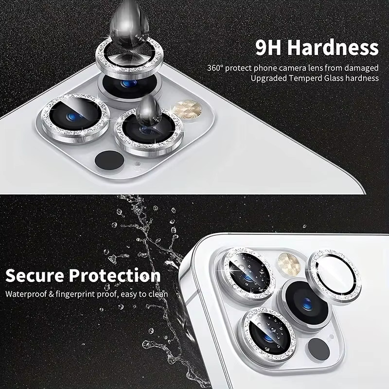 Diamant Metall Glas Kamera Objektiv Schutz für iPhone 15 Pro und iPhone 15 Pro Max, 3-teiliges Set, Silber/Weiß - Bild 6