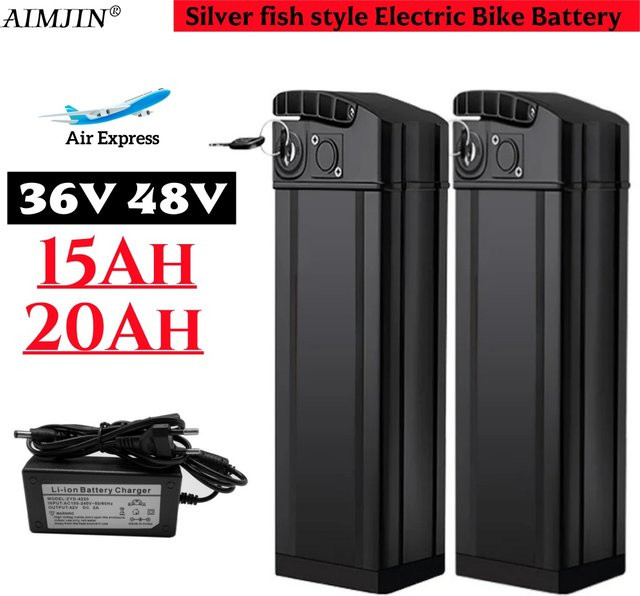 Aimjin Silver Fish Akku mit Ladegerät für E-Bikes, 36V oder 48V, 15Ah oder 20Ah, Farbe: Silber/Schwarz - Bild 1