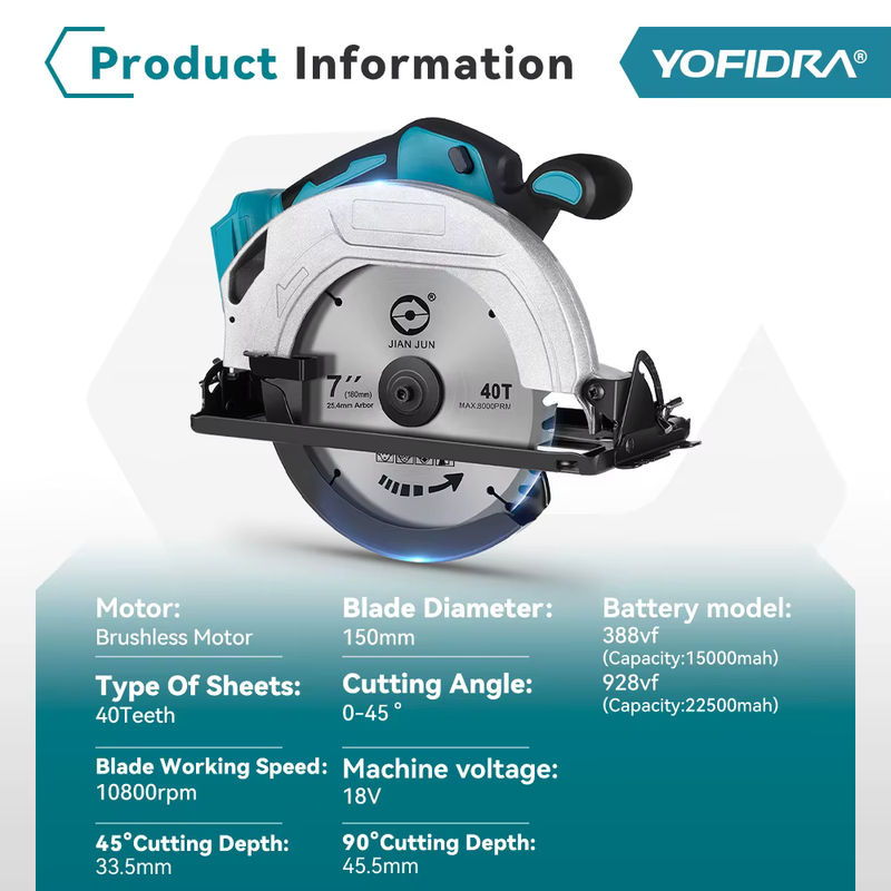 YOFIDRA Bürstenlose elektrische Kreissäge mit 185 mm Durchmesser, wiederaufladbare Multifunktions-Schneidemaschine kompatibel mit Makita LXT Akkus - Bild 2