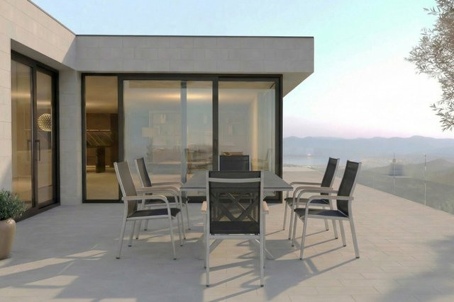 Kettler Granada Garten-Essgruppe aus Aluminium und Teakholz in Silber und Anthrazit mit ausziehbarem Tisch und 6 Stapelsesseln, Tisch B: 180 bis 280 cm, T: 100 cm, H: 78 cm - Bild 1