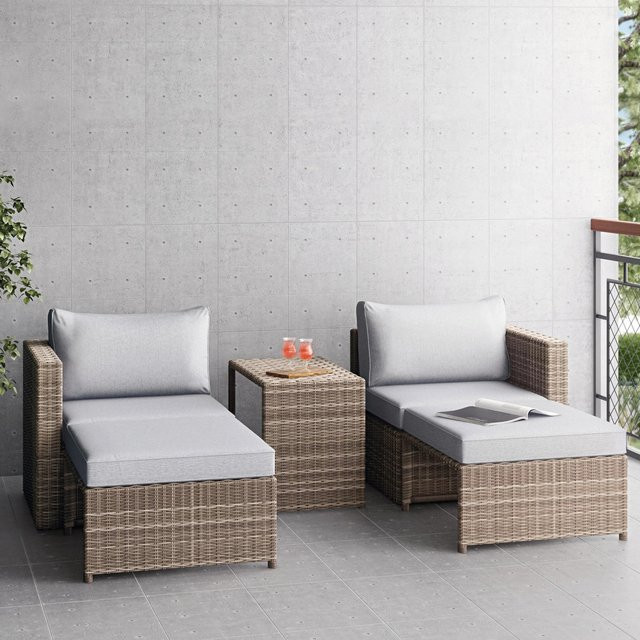 5-teiliges Balkonmöbel-Set Olea Mini aus Polyrattan und Stahl in Sandfarben/Hellgrau - Bild 1