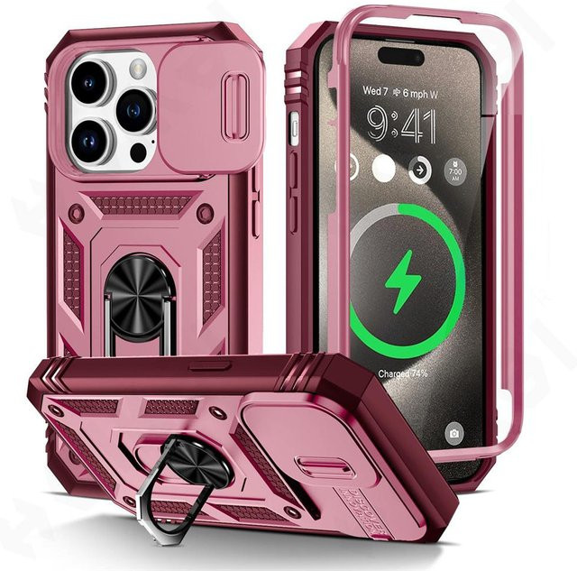 FAXYSON Schutzhülle für iPhone mit Kameraschieber und 360 Grad drehbarer Panzerabdeckung in Pink - Bild 1