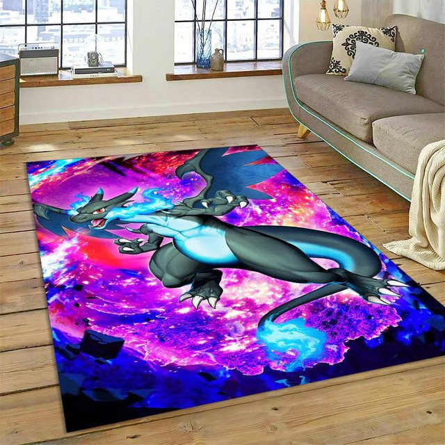 Pokémon Teppich mit Glurak, Glumanda und Dracaufeu Design, Waschbarer Polyester-Teppich für Wohnzimmer oder Schlafzimmer, B/H: 90 x 60 cm, Mehrfarbig - Bild 1