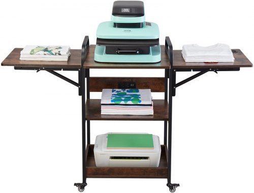 VEVOR Heat Press Tisch mit Ladestation, 3-stufiger klappbarer Rollwagen aus Metall für Sublimationsmaschinen, Braun - Bild 1