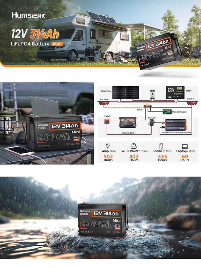 HumsiENK 12V 314Ah LiFePO4 Lithium-Batterie mit 200A BMS in Schwarz - Bild 5