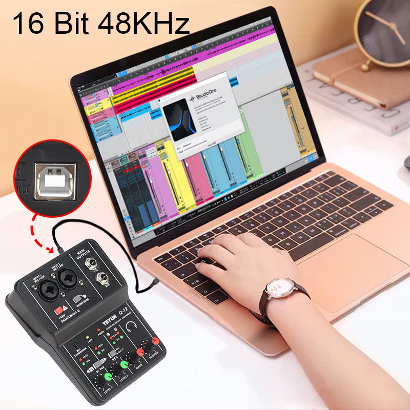 TEYUN Q-12 USB-Audio-Schnittstelle in Schwarz mit 2 Mikrofoneingängen für Studio und Heimaufnahme, 16 Bit, 48 kHz - Bild 4
