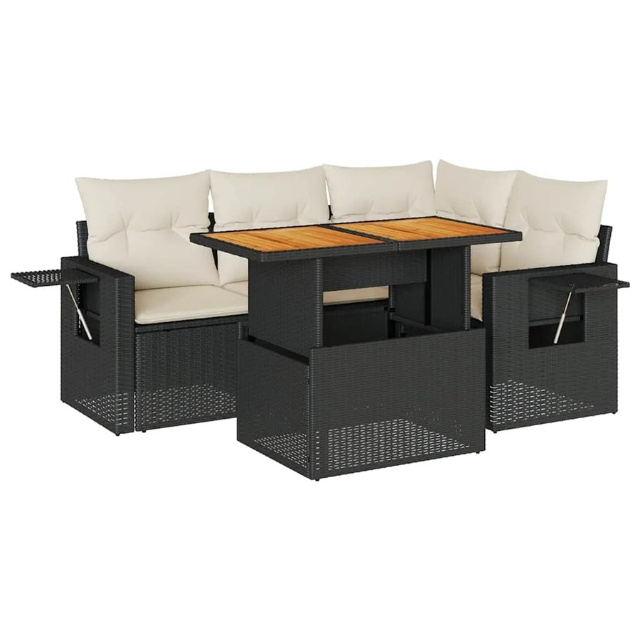 vidaXL 5-teilige Garten-Sofagarnitur in L-Form aus Poly-Rattan und Akazienholz mit Kissen in Schwarz-Creme - Bild 2