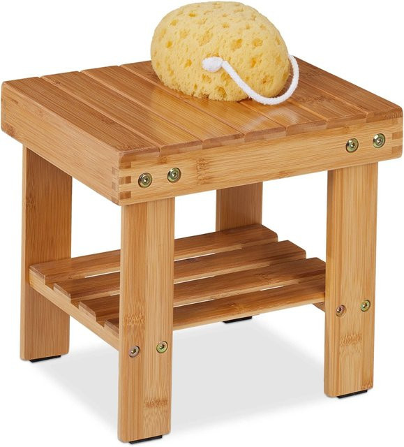 Relaxdays Badhocker aus Bambus in Natur mit Zusatzablage, B/T/H: 26 x 27 x 22,5 cm - Bild 1
