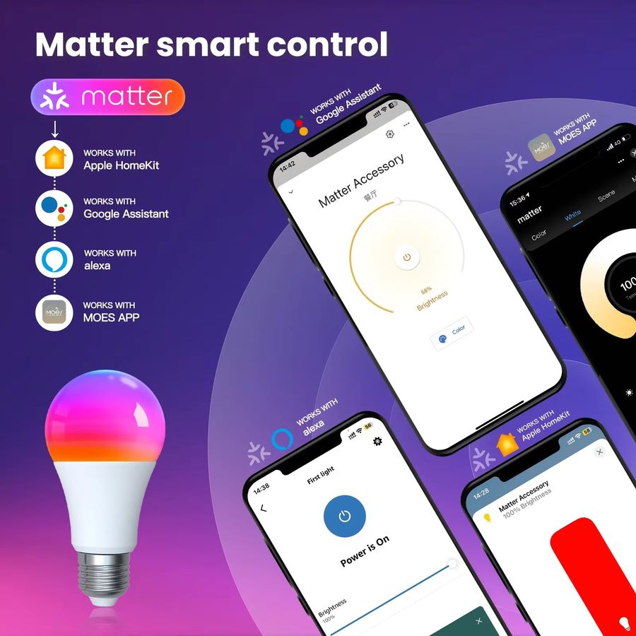 MOES Tuya Matter WiFi Smart E27 LED-Glühbirne, dimmbare RGB Kerzenlampe mit 16 Millionen Farben und Sprachsteuerung für Alexa und Google Home - Bild 2