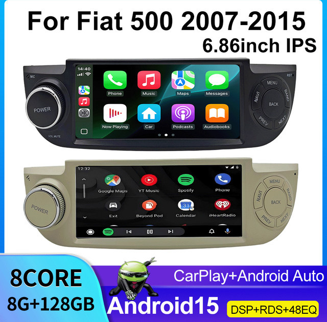 YaYp Android 15 Autoradio mit 6,86 Zoll Touchscreen für Fiat 500 (2007–2015), Schwarz, Wireless CarPlay, GPS, Bluetooth, WiFi und Dual USB - Bild 1
