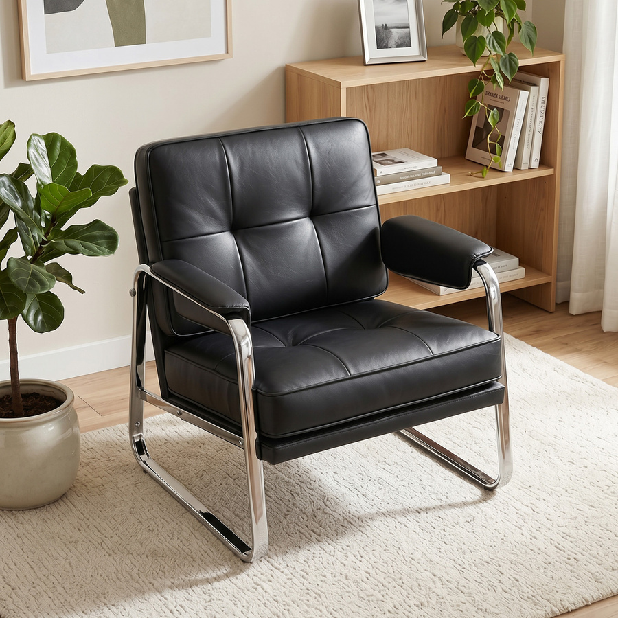 HOMCOM Sessel aus PU-Leder in Schwarz mit Metallbasis und Knopfheftung für Wohnzimmer, Schlafzimmer oder Büro - Bild 2