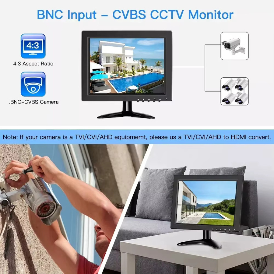 Eyoyo 10 Zoll Desktop-Monitor HD 1024x768 LCD-Display mit HDMI, VGA, BNC und AV-Anschluss in Schwarz für Videoüberwachung - Bild 6