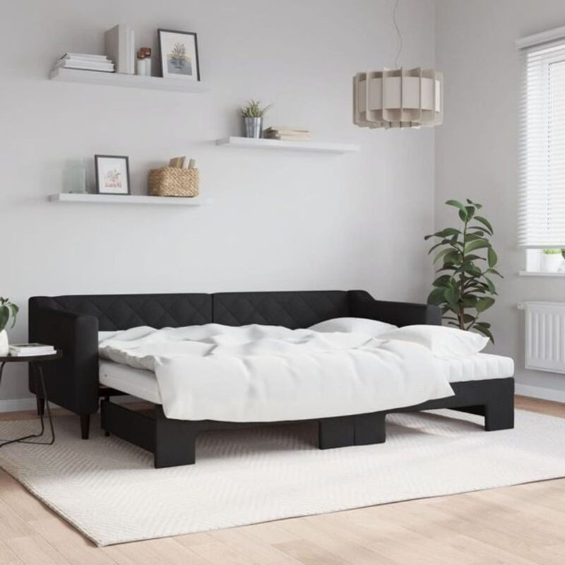 Ausziehbares Funktionsbett vidaxl in Schwarz mit Matratze aus Stoff und Metall B/B: 80 x 200 cm - Bild 1