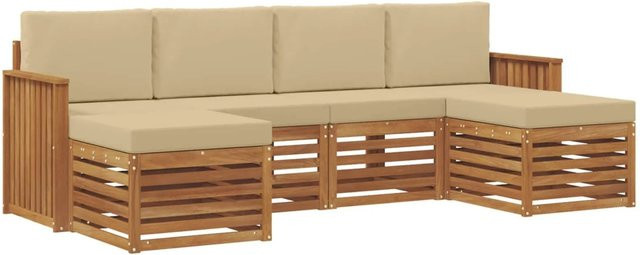 vidaXL Sofagarnitur aus Massivholz Akazie in Natur und Beige, 6-teiliges Set mit Sitzkissen und Rückenpolstern im modernen Latten-Design - Bild 1