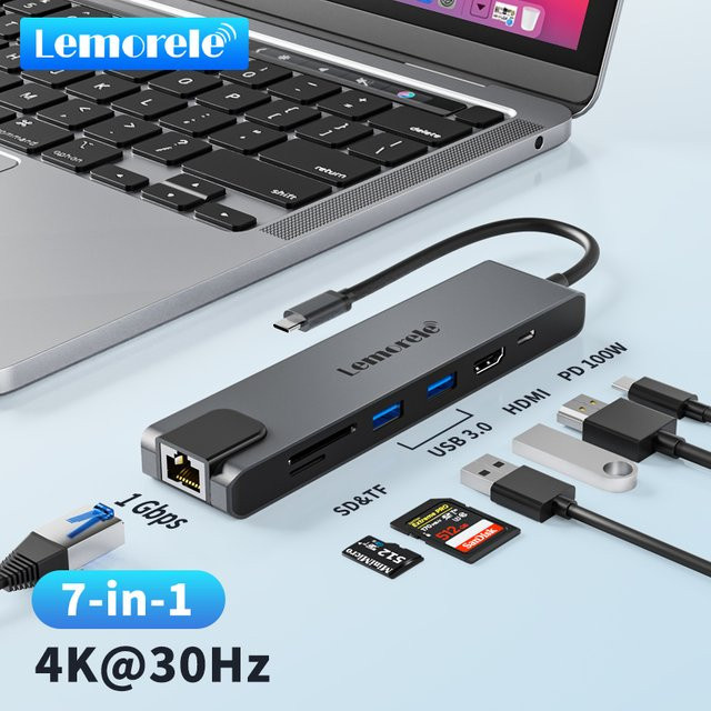 Lemorele TC25 USB C Dockingstation 7-in-1 mit 4K HDMI, PD 100W, Gigabit RJ45 sowie SD und TF Kartenleser in Grau - Bild 1