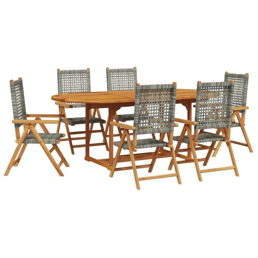 vidaXL 7-tlg Garten-Essgruppe aus Poly Rattan und Akazien-Massivholz in Grau, ausziehbar, B/T/H: 200 x 100 x 75 cm (ausziehbar auf 270 cm) - Bild 2