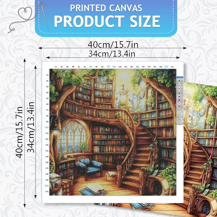 HUACAN Stickerei-Set Hauslandschaft mit Bücherregal und Laden, Kreuzstich-Set auf bedruckter Leinwand, Multicolor - Bild 2
