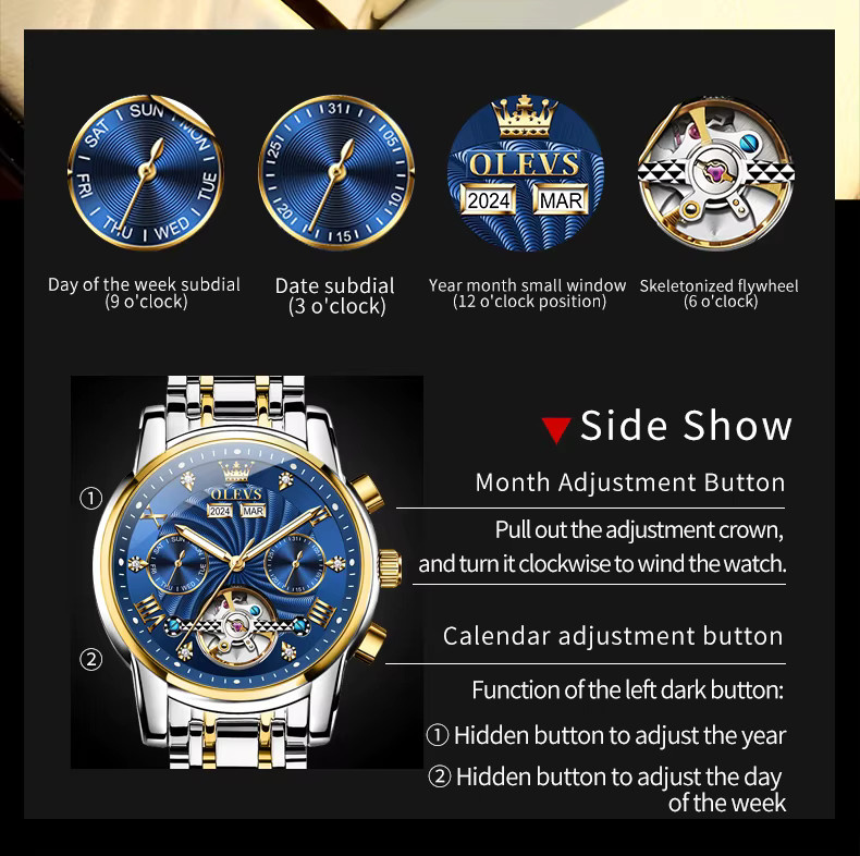 OLEVS Armbanduhr Automatik, Edelstahl, Blau, Herren - Bild 6