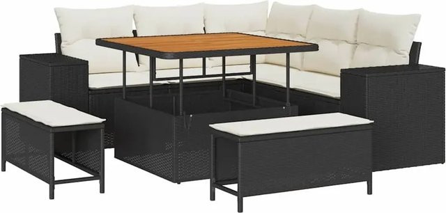 vidaXL Garten-Sofa-Set 8-teilig aus Polyrattan in Schwarz und Beige mit Polsterung und Couchtisch - Bild 1