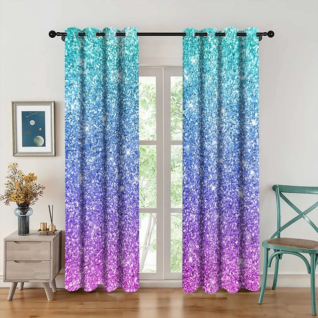 Verdunkelungsvorhänge mit Ombre-Meerjungfrau-Fischschuppen-Design, thermisch isoliert, Blau, B: 55 cm, H: 120 cm, 2er-Set inklusive Haken - Bild 1