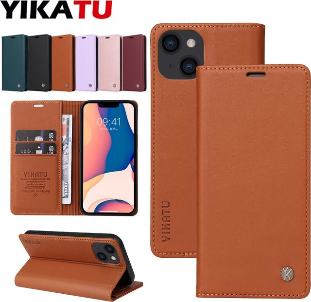 YIKATU Magnetische Leder-Brieftaschenhülle in Braun für iPhone 11 bis iPhone 17 Air mit Anti-Diebstahl-Bürstenfunktion - Bild 1