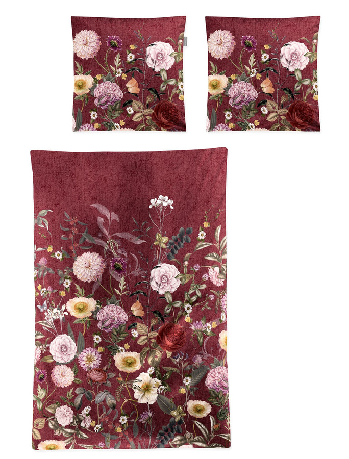 Irisette Wave Mako-Satin Bettwäsche Blumenwiese Blüten in Rot Beere, Set bestehend aus Bettbezug und Kissenbezug, B/H: 155 x 220 cm und 80 x 80 cm - Bild 1