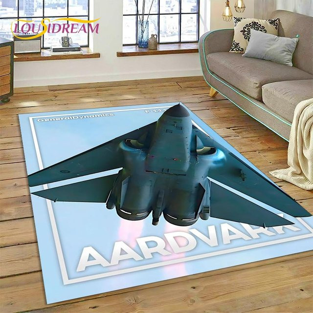 Rutschfester 3D Luftwaffe Düsenjäger Spitfire Teppich aus Polyester in Blau, B/T: 60 x 40 cm - Bild 1