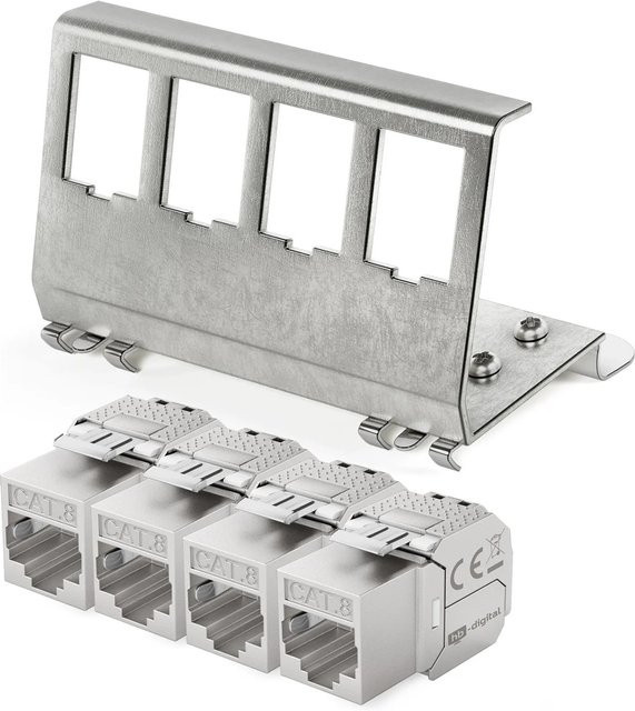 hb-digital Hutschienenadapter 4 Port mit CAT 8.1 Keystone Modul RJ47 in Silber - Bild 1