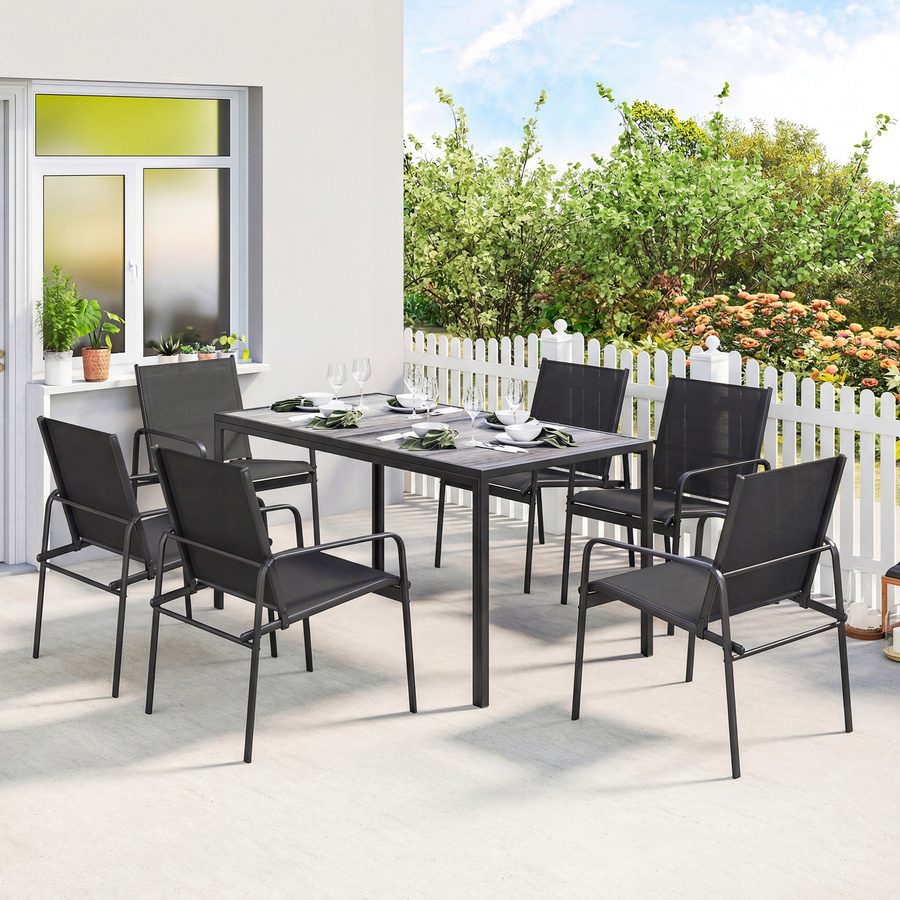 Outsunny Gartenmöbel Set Sitzgruppe mit Tisch und 6 Stühlen in Holzoptik, Schwarz, B/T: 150 x 80 cm - Bild 1
