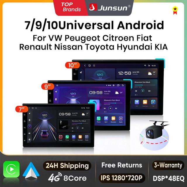 Junsun Universal Carplay und Android Auto Multimedia Player für Ford Peugeot Fiat, 7/9/10 Zoll, Schwarz - Bild 1
