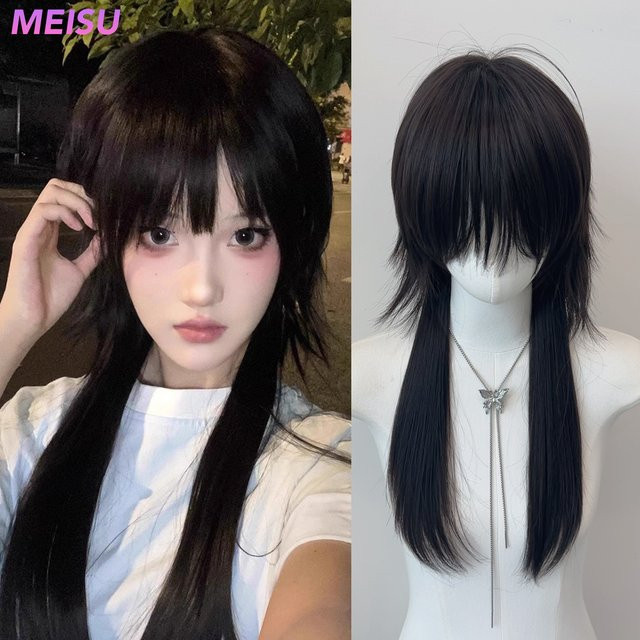MEISU Perücke, synthetisch, gerade, Air Bangs, schwarz, Damen - Bild 1