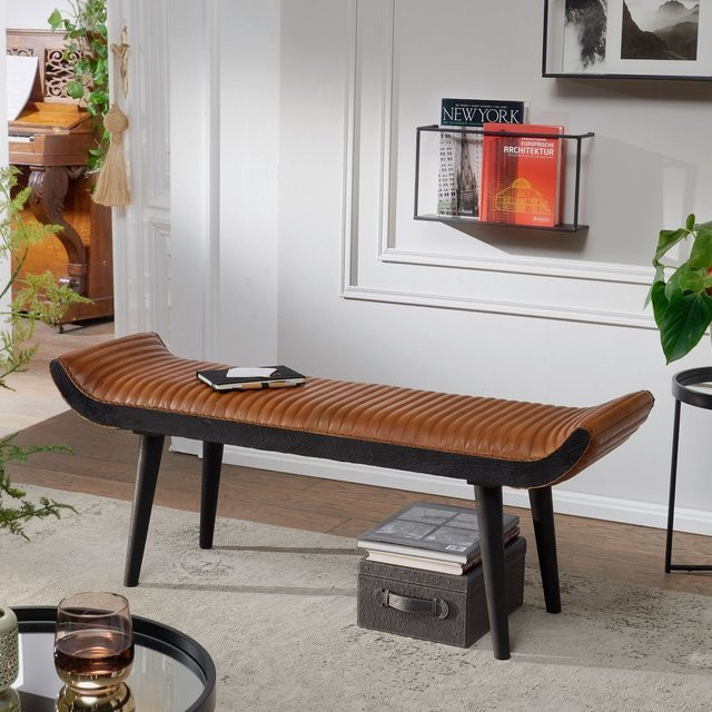 Finebuy Retro Sitzbank aus Echtleder und Massivholz in Braun mit Rillen-Muster, Breite: 125 cm - Bild 1