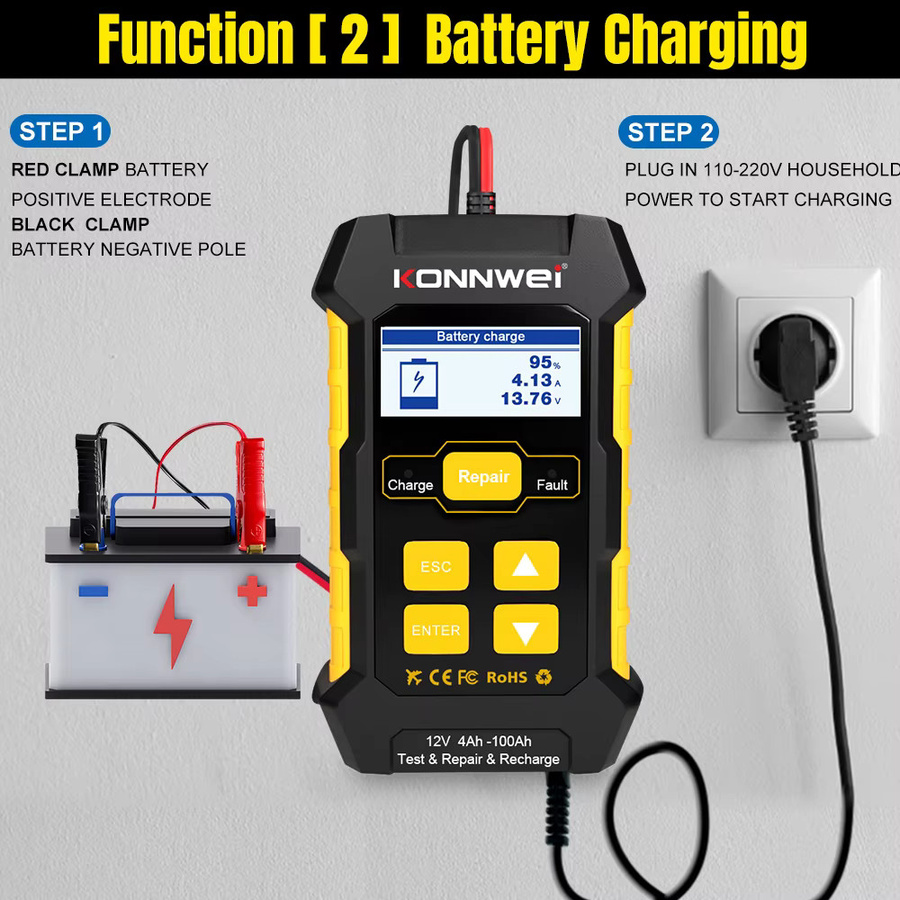 KONNWEI KW510 3-in-1 Autobatterietester und Ladegerät mit Puls-Reparaturfunktion für AGM, Gel und Blei-Säure Batterien, Schwarz - Bild 3