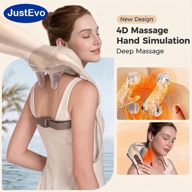 JustEvo Kabelloses Nacken- und Schultermassagegerät mit 4D-Knetfunktion und Heizfunktion in Beige - Bild 1