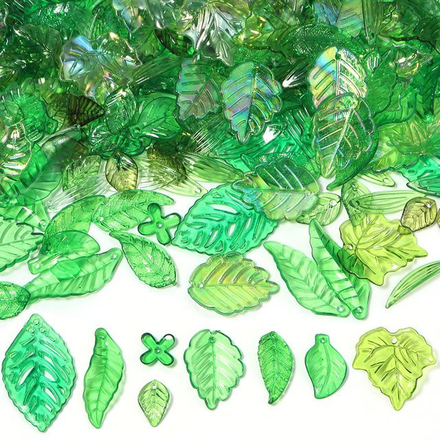 lingsai Anhängerperlen Acryl, mehrfarbig, transparent, grüne Blätter - Bild 1