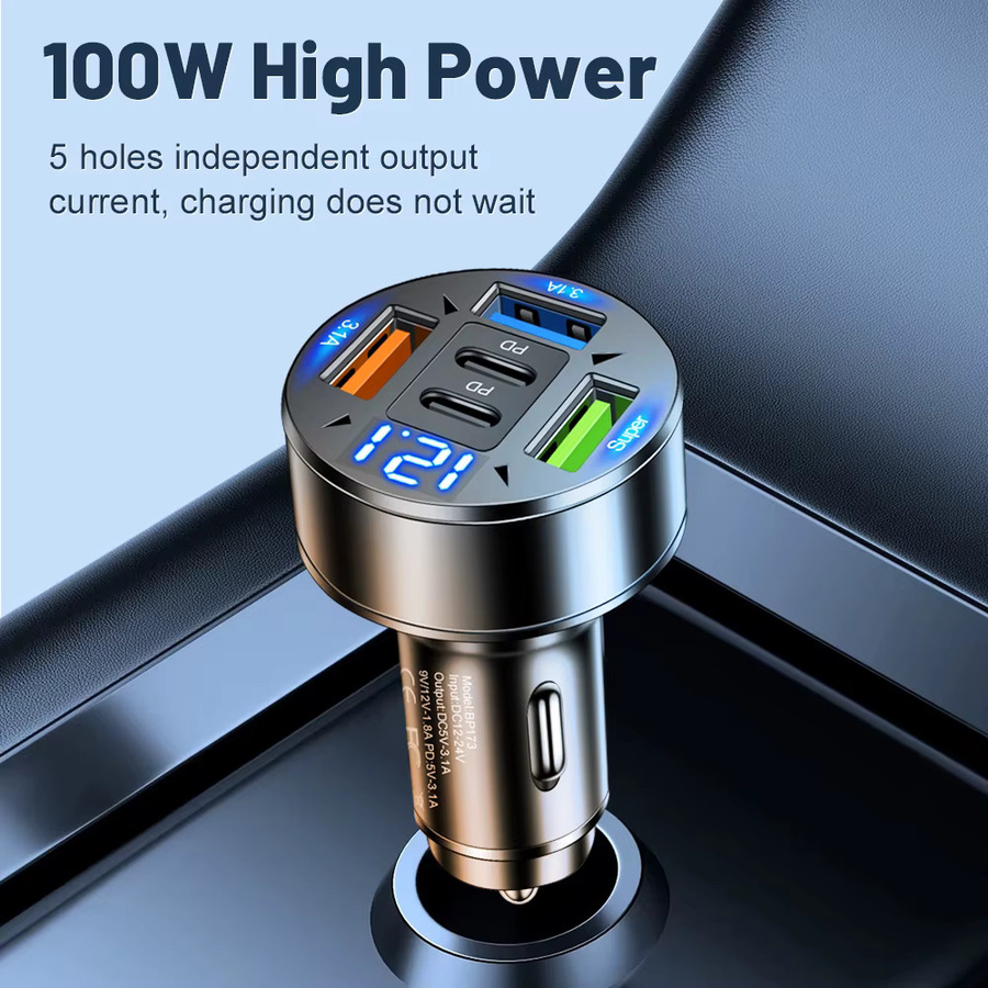GUSEYEE 100W Autoladegerät mit 3 USB Anschlüssen und 2 PD Ports, Schnellladegerät Typ C für iPhone, Samsung, Huawei und Xiaomi, Schwarz - Bild 3