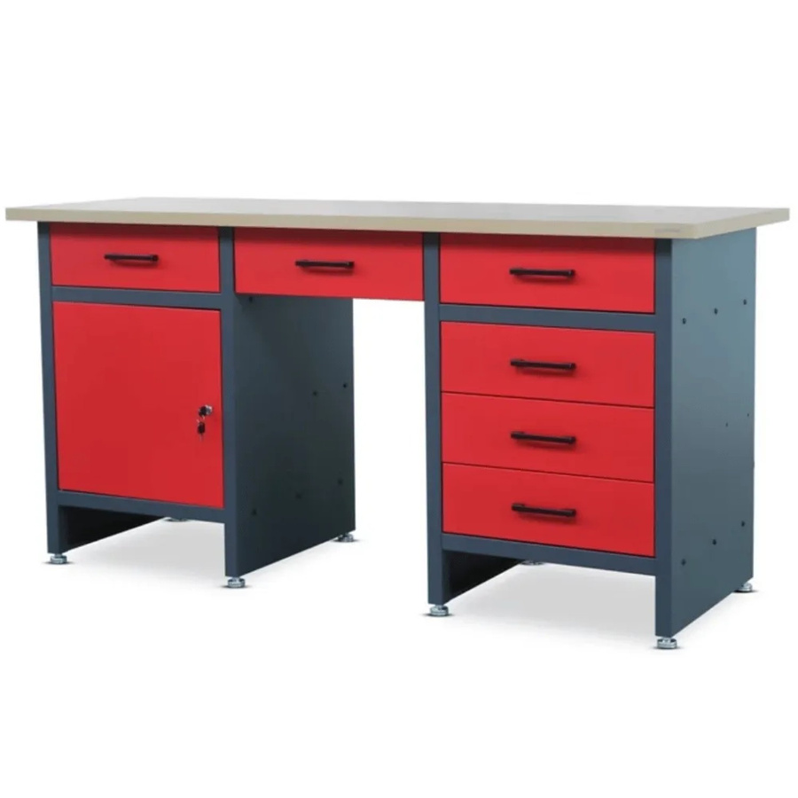 DELUKE Werkbank für Profis aus Stahl und Spanplatte, Anthrazit-Rot, H: 85 cm, B: 170 cm, T: 60 cm - Bild 2