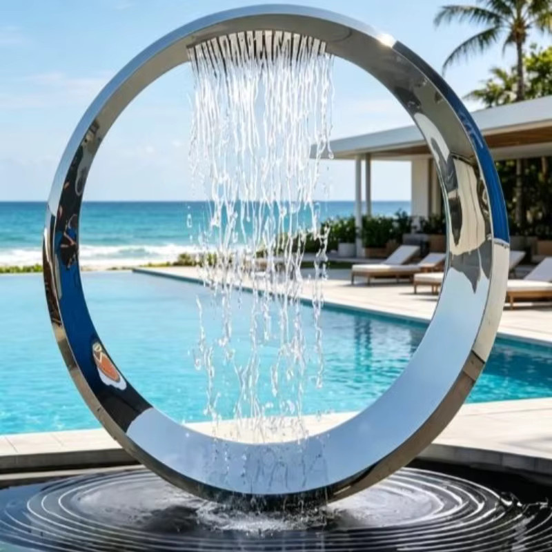 Moderne kreisförmige Wasserskulptur aus Edelstahl in Silber für den Außenbereich mit spiegelpolierter Oberfläche - Bild 4