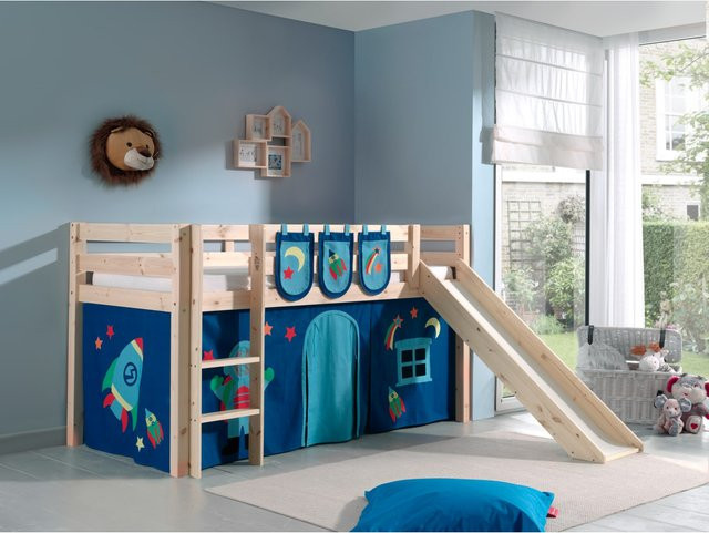 Vipack Spielbett Pino aus massiver Kiefer mit Rutsche, Vorhang und 3 Taschen in Dessin Astro, Mehrfarbig - Bild 1
