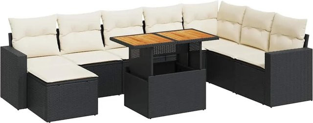 vidaXL 9-tlg. Garten-Sofagarnitur in L-Form aus Poly-Rattan und Akazienholz mit Kissen in Schwarz und Cremeweiß - Bild 1