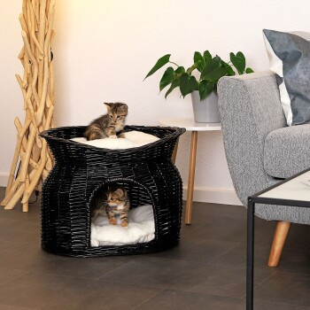 Lionto Weidenkorb für Katzen als Höhle in Schwarz mit herausnehmbarem Kissen - Bild 3