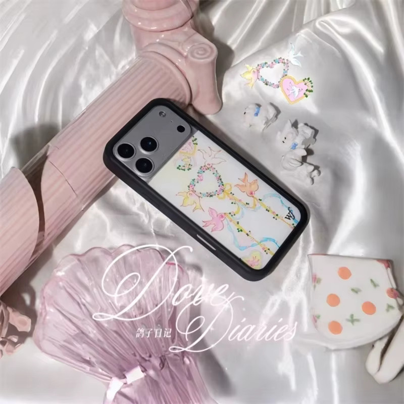 Wildflower Dove Diaries Handyhülle für iPhone 17 16 15 14 13 12 Pro Max mit farbigem Band und Herz-Tauben-Motiv in Multicolour, stoßfeste Abdeckung - Bild 5